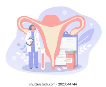 
vector illustration on the theme of gynecology, examination of the health of the female reproductive system. uterus, doctor, pills, test tube. trend illustration in flat style