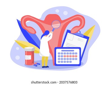 Vektorgrafik zum Thema Gynäkologie, Untersuchung der Gesundheit des weiblichen Fortpflanzungssystems. Uterus, Arzt, Tabletten, Reagenzglas. Trend-Illustration in flachem Stil
