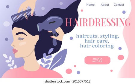 vector illustration on the theme of hair care. banner for website.  head of a girl with hair, hands holding a hairdryer and a comb. trend illustration in flat style