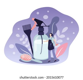 vector illustration on the theme of hair care. hairstylist with dryer, hairdressing tools, combs, flowers. trend illustration in flat style