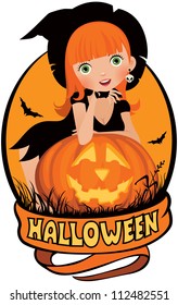 Vector illustration on the theme of Halloween witch in a hat and pumpkin