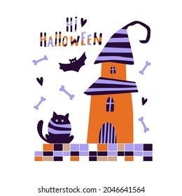 Vector illustration on the theme of Halloween. Haunted house, bat and bones. Poster, congratulation. Orange and purple colors. Hand-drawn style. Mummy Cat.