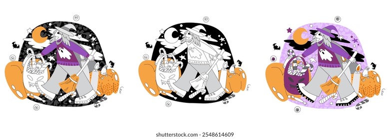 Vector illustration on the theme of Halloween in flat and doodle style. People celebrating Halloween. Witch with a broom and pumpkins.