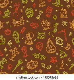 Vector illustration on the theme of halloween. Happy halloween pattern with different elements, pumpkin, bat, grave, spider web. Autumn holiday. Season harvest holiday. Hand drawn elements and icons.