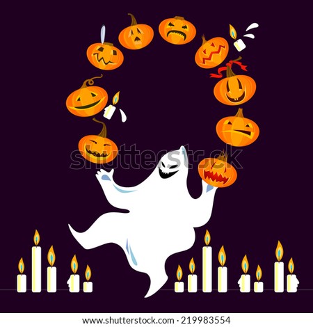 Vector illustration on the theme of Halloween with pumpkins and fun bringing