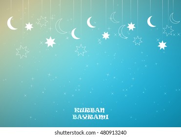 Vector illustration on the theme of a happy Eid-Al-Adha (Kurban Bayrami) - Feast of the Sacrifice and Eid Mubarak. With stars and moon.