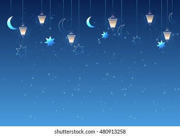 Vector illustration on the theme of a happy Eid-Al-Adha (Kurban Bayrami) - Feast of the Sacrifice and Eid Mubarak. With stars and moon.