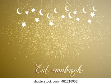 Vector illustration on the theme of a happy Eid-Al-Adha (Kurban Bayrami) - Feast of the Sacrifice and Eid Mubarak. With stars and moon.