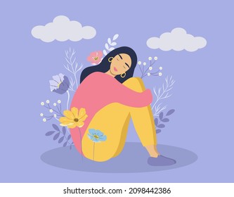 vector illustration on the theme of harmony, balance, pleasant emotions - happy girl hugs herself. flowers grow around her. mental health care concept. flat style illustration