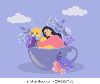 ilustración vectorial sobre el tema de la armonía, el equilibrio, las emociones placenteras - la chica se sienta en un té, rodeada de flores. concepto de atención de la salud mental. ilustración de estilo plano