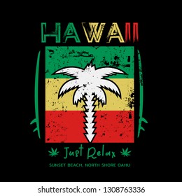 Vector illustration on the theme of Hawaii, surfing, marijuana and reggae music. Typography, t-shirt graphics, print, poster, banner, flyer, postcard