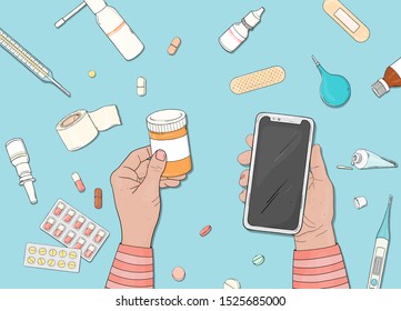 Vector illustration on the theme of health. Hands with a smartphone and medicines. For applications, advertising, booklets.