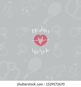 Vector illustration on the theme of a healthy lifestyle for advertising on the site. Vector pattern on blue background on sport and food theme for wrapping paper. Diet food and sports.6_0
