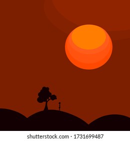 Vector illustration on the theme heat waves. The lady near by a tree under the sweltering weather.  Tree, sun and small hill in the background.