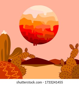 Vector illustration on the theme heat wave. The sun is melting on the light red background, mountains that are arid, cactus stands in the sweltering temperature.