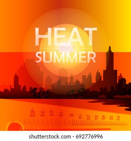 vector illustration on the theme "heat waves". Can be used as poster, banner, sticker, fly er or background.There is industrial landscape of city coast for creative colored design.