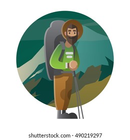 Vector illustration on the theme of hiking, backpacking, climbing, traveling, trekking, walking. Man with huge backpack. Adventure in nature, outdoor recreation, vacation. For postcard, banner, web
