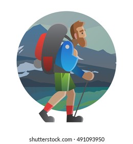 Vector illustration on the theme of hiking, backpacking, climbing, traveling, trekking, walking. Man walking with huge backpack. Adventure in nature, outdoor, vacation. For postcard, banner, web