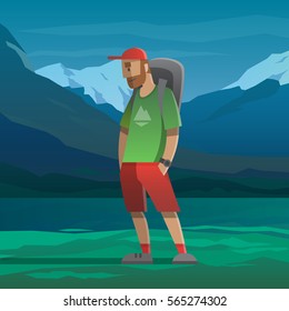 Vector illustration on the theme of hiking, backpacking, climbing, traveling, trekking, walking. Man with red cap and backpack. Summer adventure in the mountains, outdoor recreation, vacation.