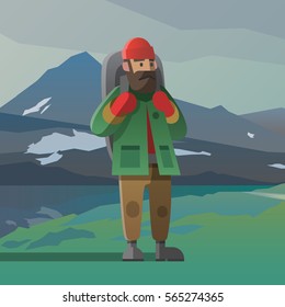 Vector illustration on the theme of hiking, backpacking, climbing, traveling, trekking, walking. Old man with big beard and backpack. Winter adventure in the mountains, outdoor recreation, vacation.
