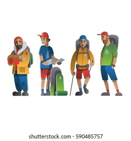 Vector illustration on the theme of hiking, backpacking, climbing, traveling, trekking, walking. Big set of hiking people. Adventure in nature outdoor recreation vacation. For postcard, banner, web.