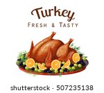 Vector illustration on the theme of the holiday dishes, roast turkey, made in a realistic style. Isolated on white background.