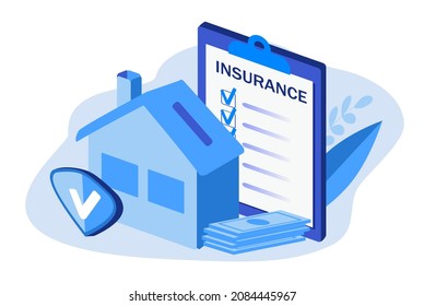 vector illustration on the theme of home insurance. Insurance policy blank, home and  money. Trendy illustration in flat style