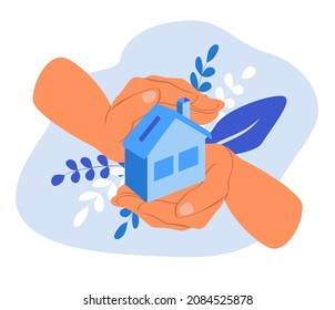 vector illustration on the theme of home insurance. hands carefully hold a small house. Trendy illustration in flat style