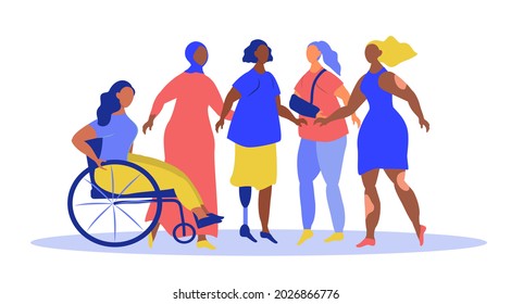 vector illustration on the theme of inclusiveness. diversity of people. women of different races, women with disabilities. trend illustration in flat style