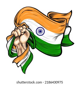 Vector illustration on the theme of India independence day. Hands with national flags of India 