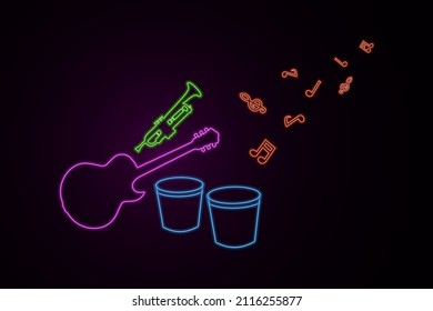 Vector illustration on the theme of International Jazz Day. Jazz instruments, guitar drums, trumpet with neon effect on a dark background. For the design of posters, banners of music stores, bars, ins