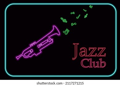 Vector illustration on the theme of International Jazz Day. Music instrument, trumpet with neon effect on a dark background. For the design of posters, banners of music stores, bars, institutions