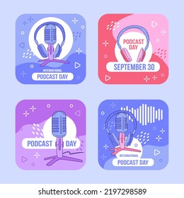 Ilustración vectorial sobre el tema del Día Internacional del Podcast el 30 de setiembre. Adecuado para carteles y banner de tarjetas de felicitación. Juego de cartas