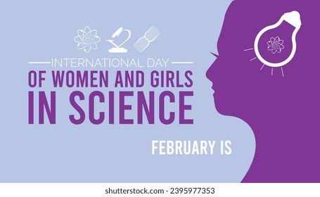 Ilustración vectorial sobre el tema del Día Internacional de la Mujer y la Niña en la ciencia que se observa cada año durante febrero. Banner, Holiday, afiche, tarjeta y diseño de antecedentes.