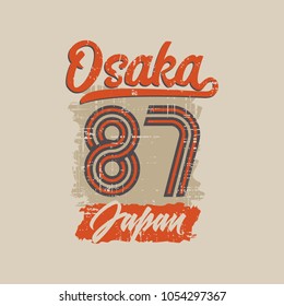 Vector illustration on the theme of Japan, Osaka. Vintage design. Grunge background. Number sport typography, t-shirt graphics, poster, print, banner, flyer and postcard