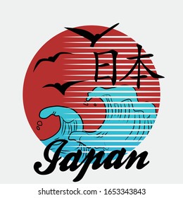 Ilustración vectorial sobre el tema de Japón, para impresiones en pantalones, carteles y otros usos. Traducción de texto en japonés: Japón