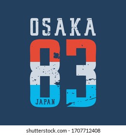 Vector illustration on the theme of Japan, Osaka. Grunge background. Number sport typography, t-shirt graphics, poster, print, banner, flyer and postcard