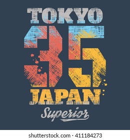 Vector illustration on the theme of Japan, Tokyo. Grunge background. Vintage design. Number sport typography, t-shirt graphics, poster, print, banner, flyer and postcard