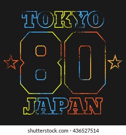 Vector illustration on the theme of Japan, Tokyo. Grunge background. Number sport typography, t-shirt graphics, poster, print, banner, flyer and postcard