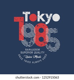 Vector illustration on a theme of Japanese superior jeans, denim and raw. The Tokyo. Vintage design. Grunge background. Typography, t-shirt graphics, print, poster, banner, flyer, postcard
