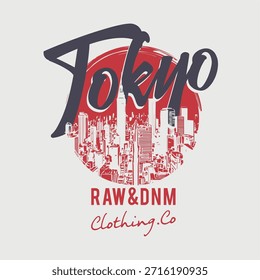Ilustração vetorial sobre um tema de jeans superiores japoneses, jeans e cru. O Tokyo. Design antigo.  Carimbo tipográfico, t-shirt gráficos, imprimir, cartaz, banner, folheto, cartão postal