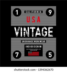 Vector illustration on a theme of jeans, denim and raw. Vintage design. Grunge background. Typography, t-shirt graphics, print, poster, banner, flyer, postcard - Vector
