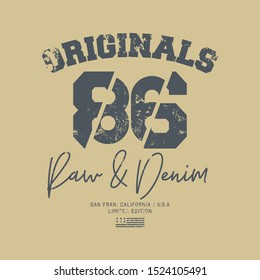 Vector illustration on a theme of jeans, denim and raw. Vintage design. Grunge background. Typography, t-shirt graphics, print, poster, banner, flyer, postcard