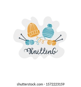 Vector illustration on the theme of knitting. Colored composition with knitted hats, balls of yarn, knitting needles on a white background