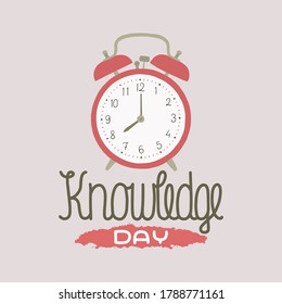 Vector illustration on the theme of Knowledge Day on September 1. Decorated with a handwritten inscription and alarm clock that shows 8:00.