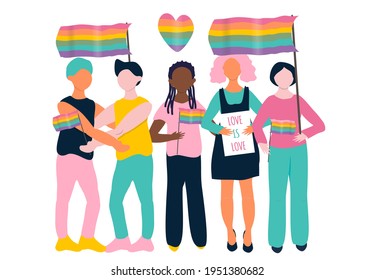 vector illustration on the theme of the lgbt movement, queer community. people of different races and genders with rainbow flags. lgbt pride, gay pride. modern flat illustration