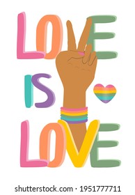 vector illustration on the theme of the lgbt movement, queer community. inscription love is love and rainbow flags. lgbt pride, gay pride. modern flat illustration