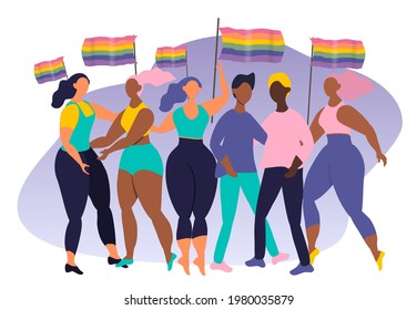 vector illustration on the theme of the LGBT movement, queer community. people of different races and genders with rainbow flags. LGBT pride, gay pride. modern flat illustration