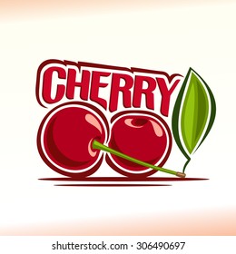 Vector illustration on the theme of the logo for cherry still life composition, consisting of ripe cherry with green leaf. two red berries