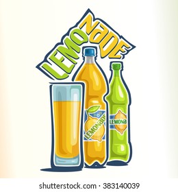 Vector illustration on the theme of the logo for lemonade composition with inscription, consisting of a glass cup filled with lemonade, yellow plastic bottle and a green glass bottle
